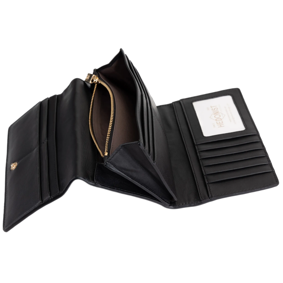 Black leather trifold wallet open on white background, card slots and ID window visible