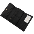Black leather trifold wallet open showing card slots, zip compartment, and ID window