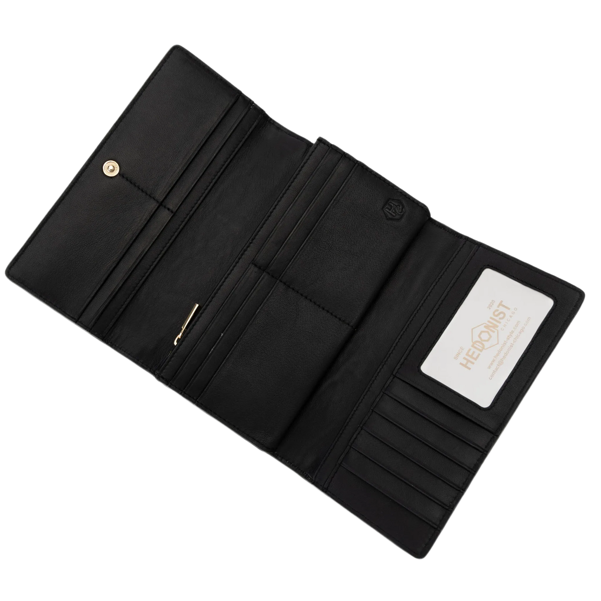 Black leather trifold wallet open showing card slots, zip compartment, and ID window