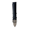 Black top-grain leather watch band, buckle detail close-up