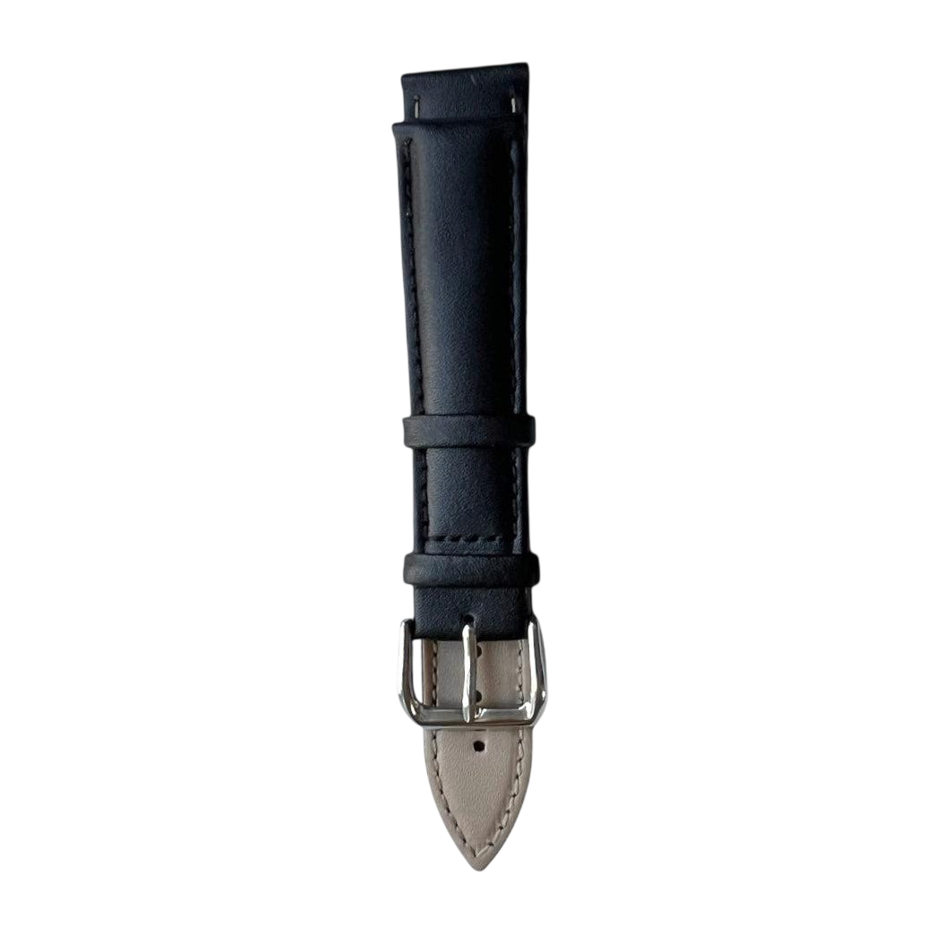 Black top-grain leather watch band, buckle detail close-up