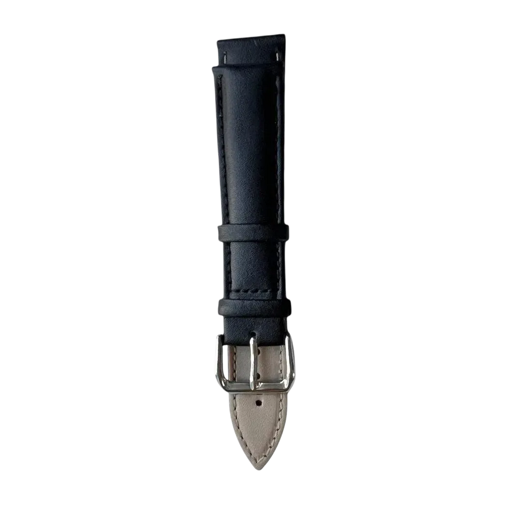 Black top-grain leather watch band, buckle detail close-up