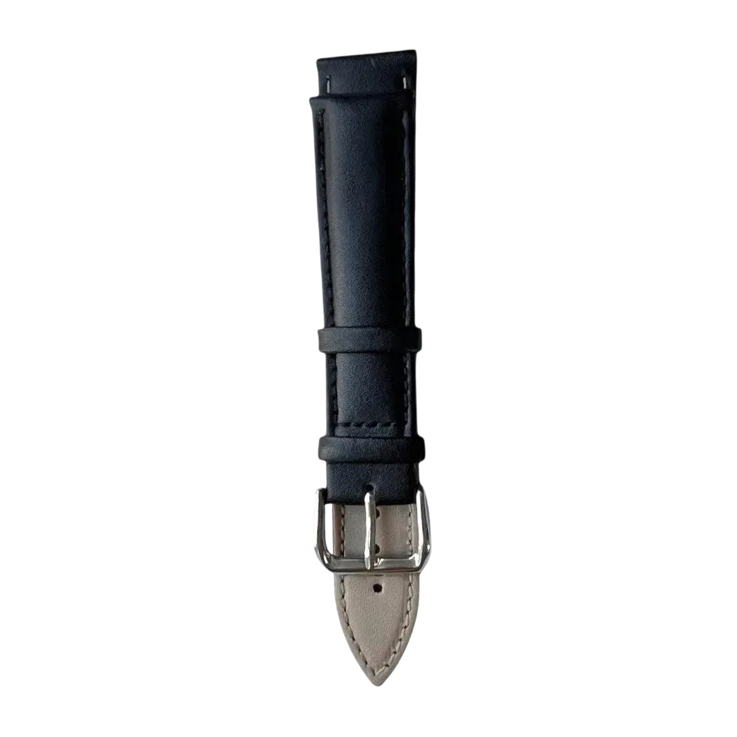 Black top-grain leather watch band, buckle detail close-up
