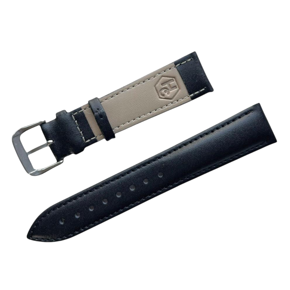 Black top-grain leather watch band, front view