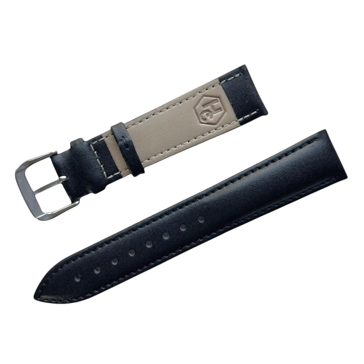 Black top-grain leather watch band, front view