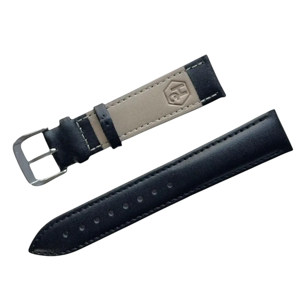 Black top-grain leather watch band, front view