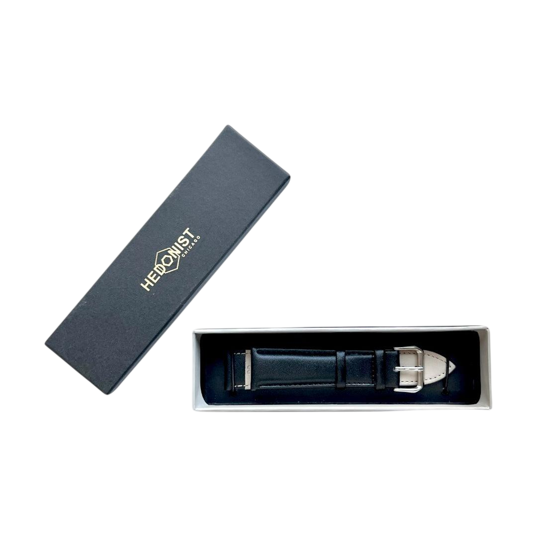 Black top-grain leather watch band, side view