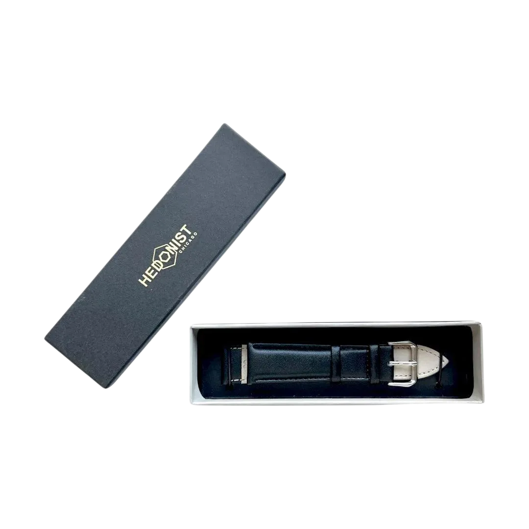 Black top-grain leather watch band, side view