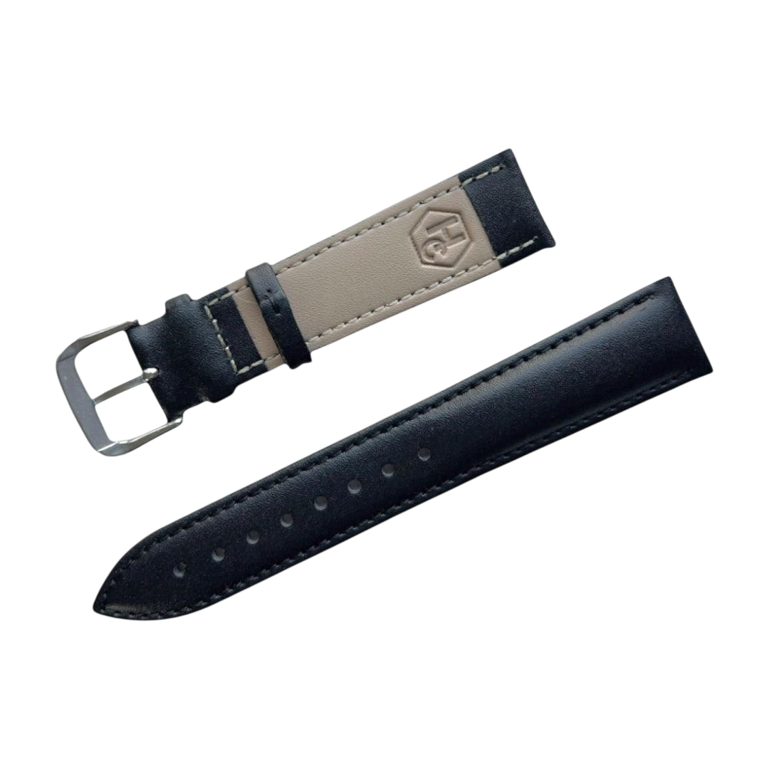 Black top-grain leather watch band, stitching detail close-up