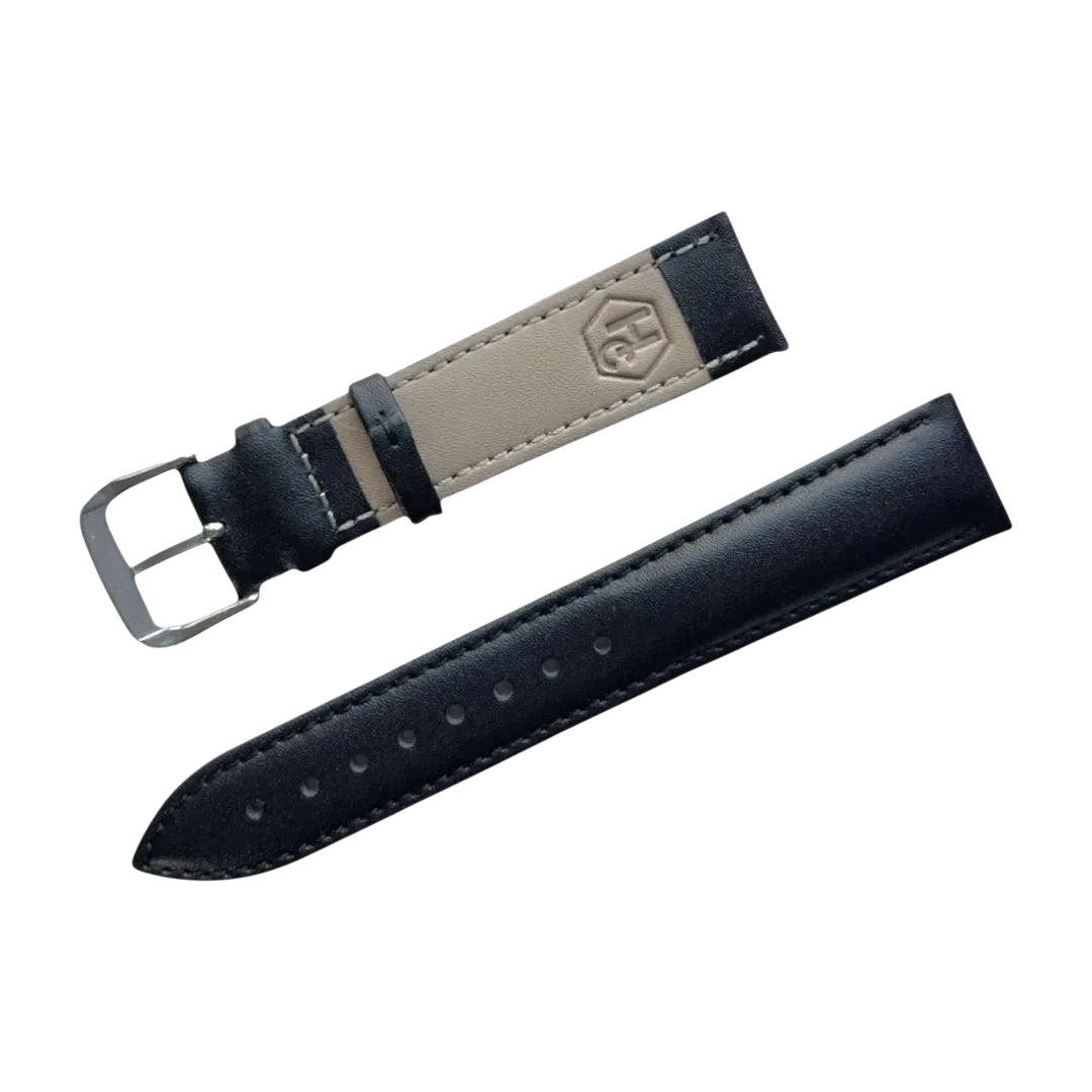 Black top-grain leather watch band, stitching detail close-up