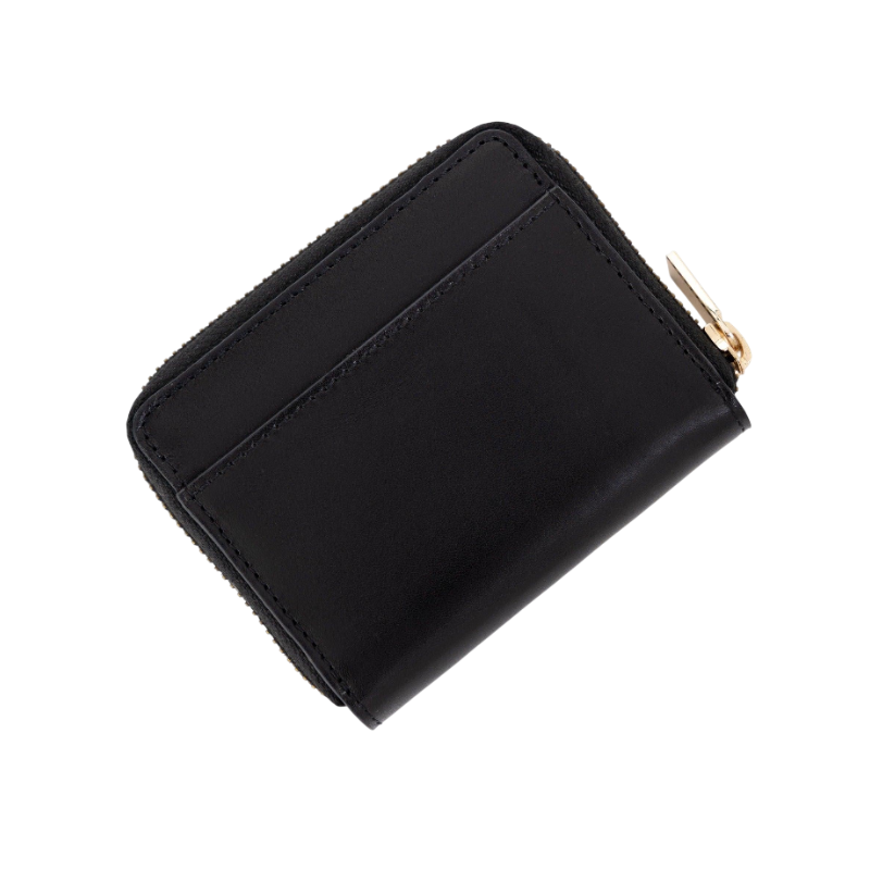 Small black leather zip-around wallet for women, back slip pocket detail