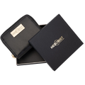 Small black leather zip-around wallet for women, presented as a gift