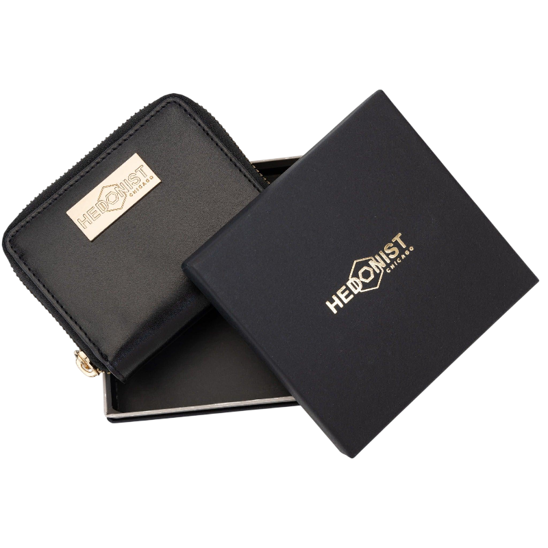 Small black leather zip-around wallet for women, presented as a gift
