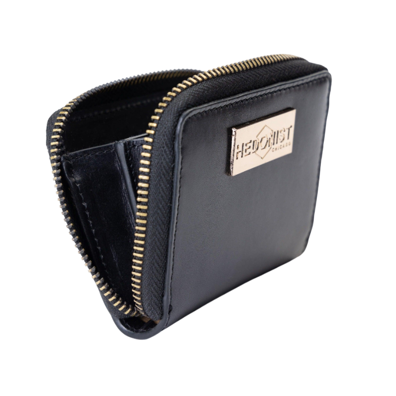 Small black leather zip-around wallet for women by Hedonist Chicago