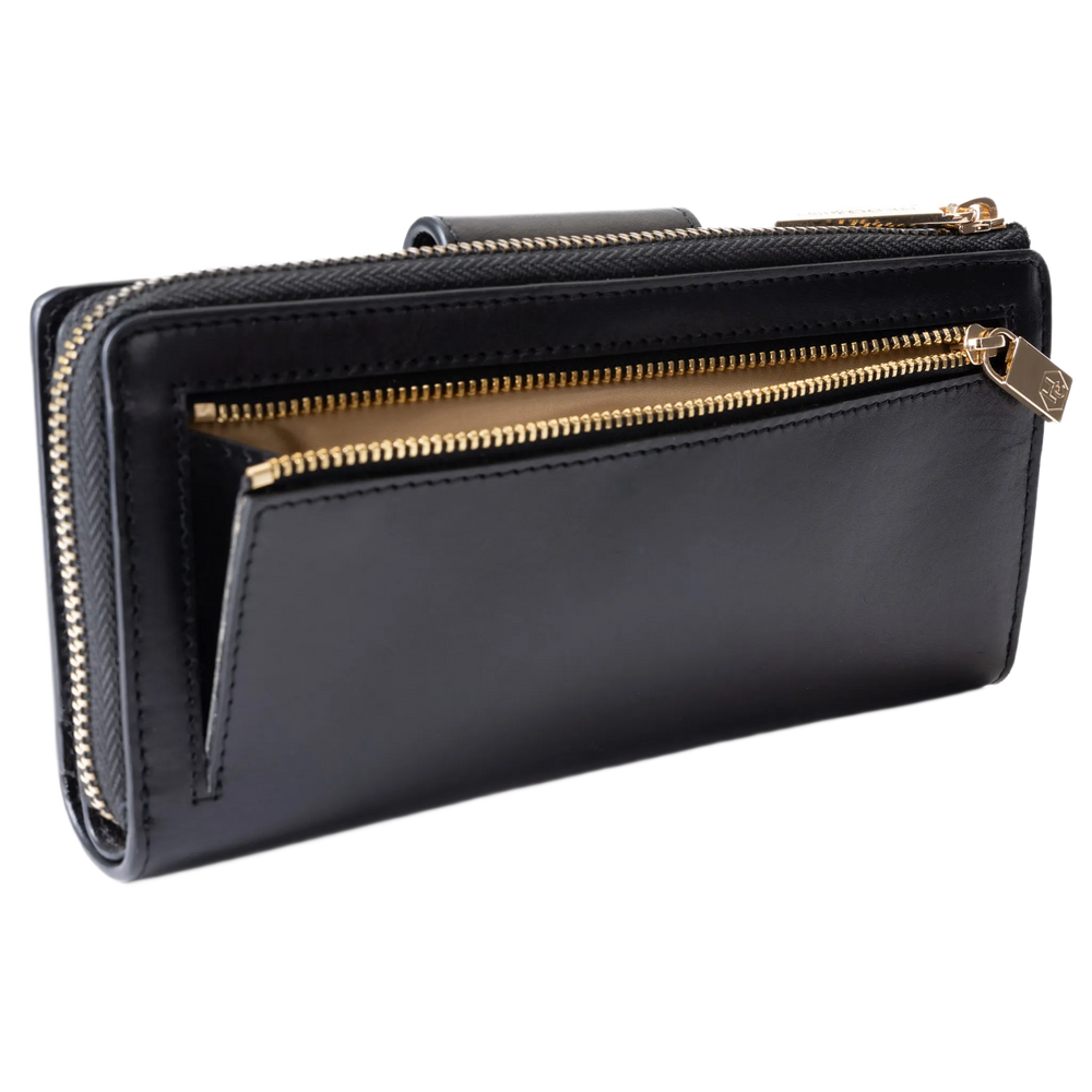 Rear coin zip compartment and textured side panel on the black leather travel wallet