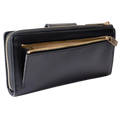 Rear coin zip compartment and textured side panel on the black leather travel wallet