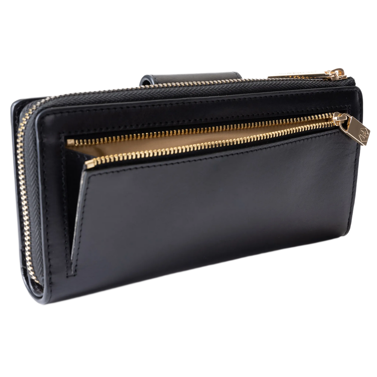 Rear coin zip compartment and textured side panel on the black leather travel wallet