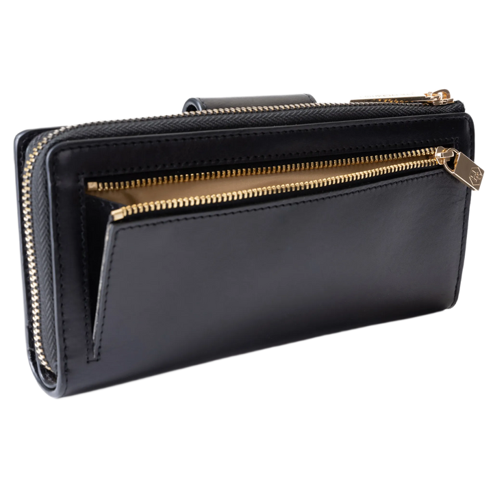 Rear coin zip compartment and textured side panel on the black leather travel wallet