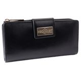 Black leather travel wallet closed, front flap with gold-tone Hedonist Chicago plaque