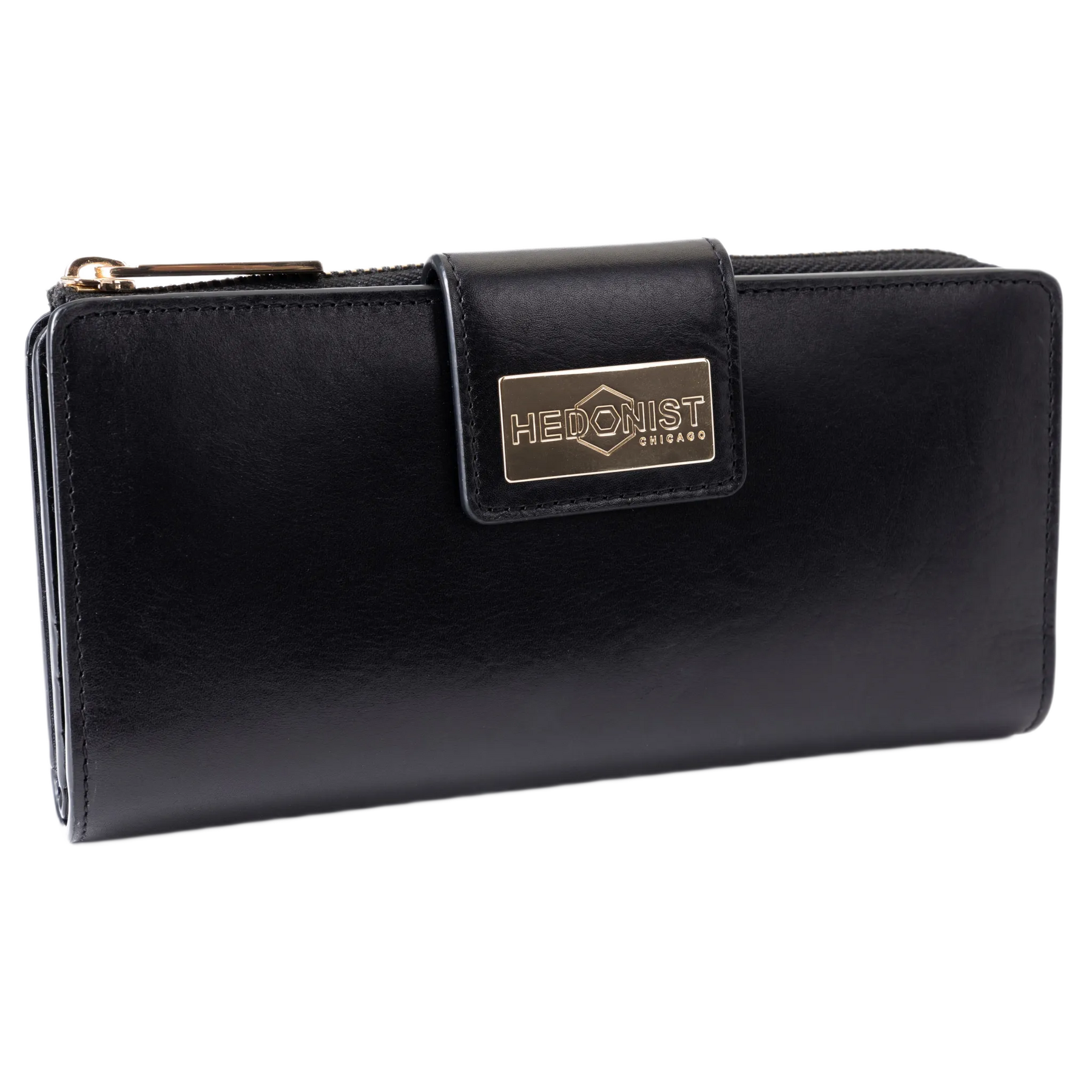 Black leather travel wallet closed, front flap with gold-tone Hedonist Chicago plaque