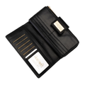 Black leather travel wallet open showing ID window and card slots