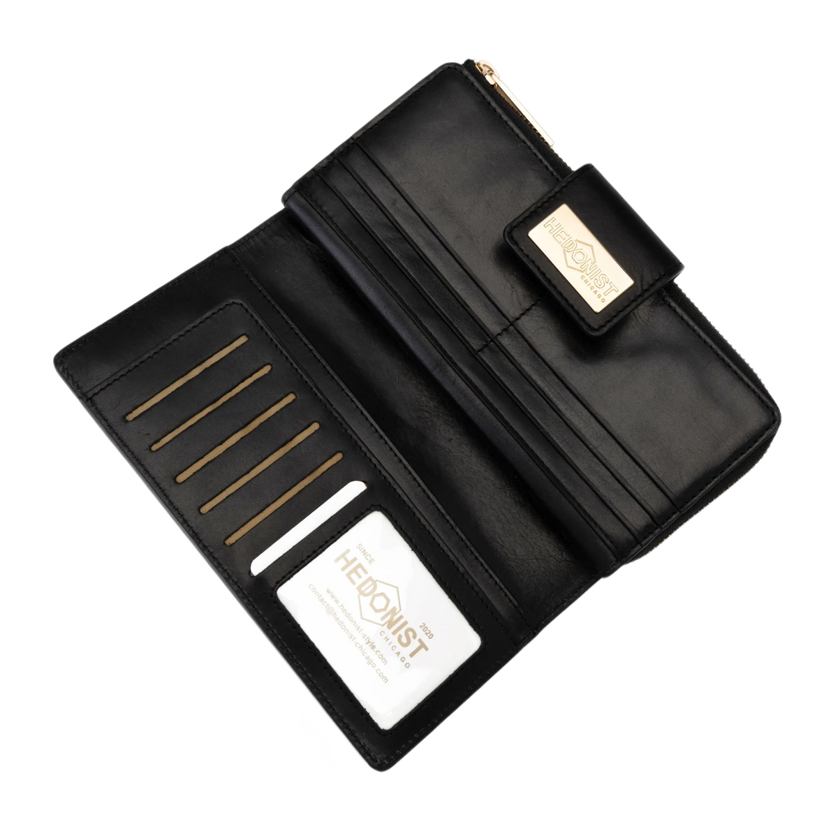 Black leather travel wallet open showing ID window and card slots