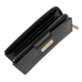 Black leather travel wallet open showing zip-around perimeter and gold-tone hardware