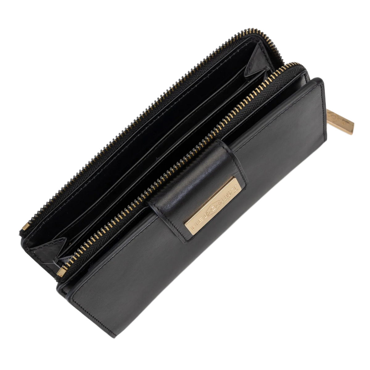 Black leather travel wallet open showing zip-around perimeter and gold-tone hardware
