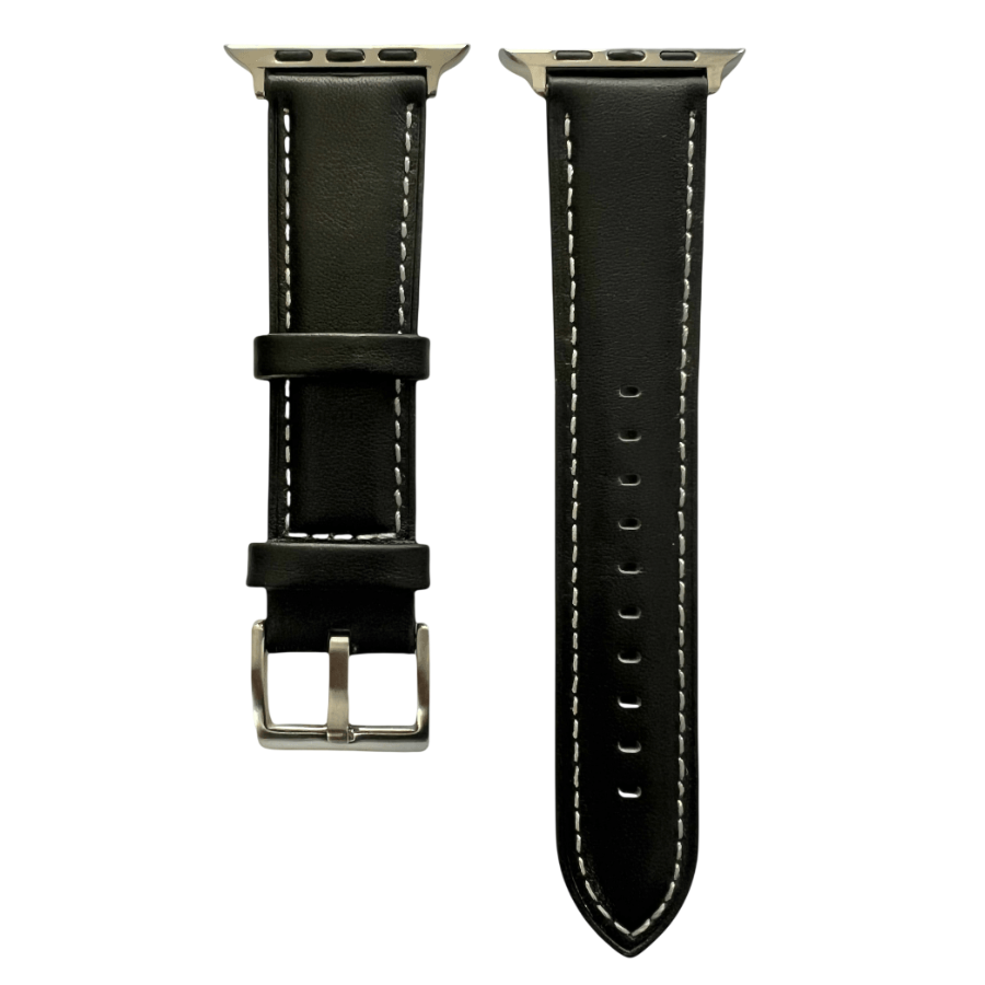 Black padded leather Apple Watch band, two-piece strap with buckle and holes