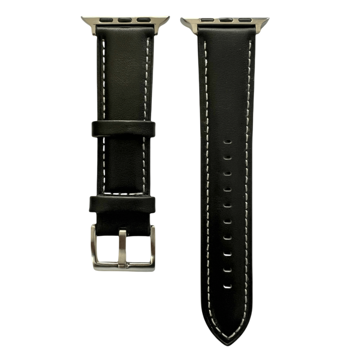 Black padded leather Apple Watch band, two-piece strap with buckle and holes