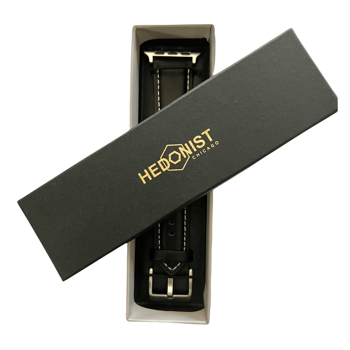 Black padded leather Apple Watch band, presented in gift box