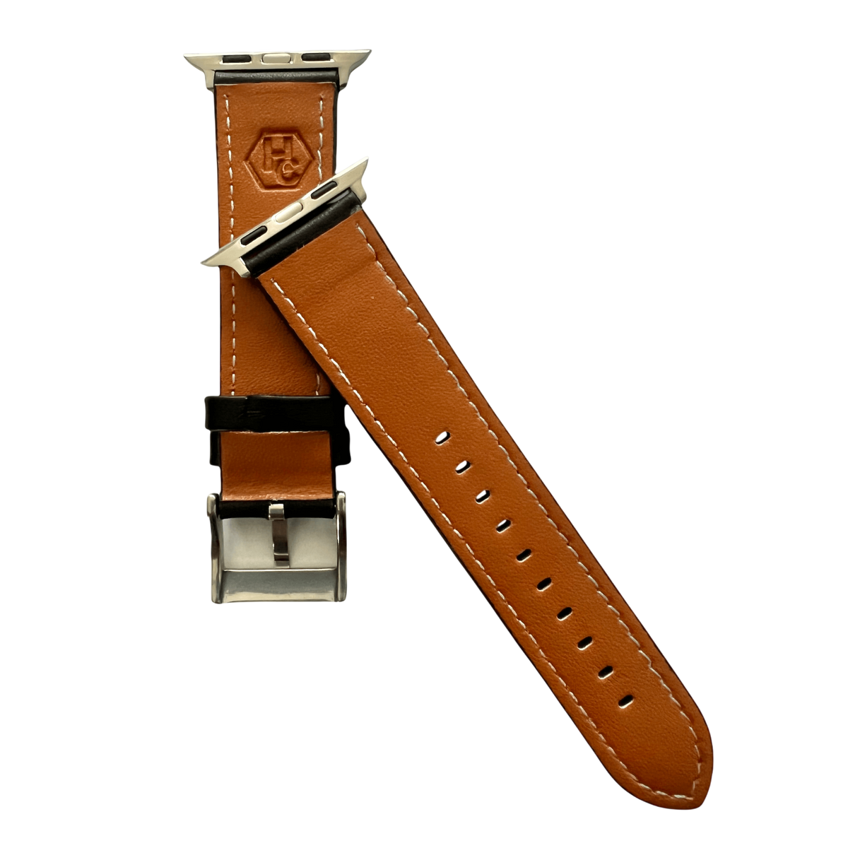 Black padded leather Apple Watch band, side view with stainless steel lugs