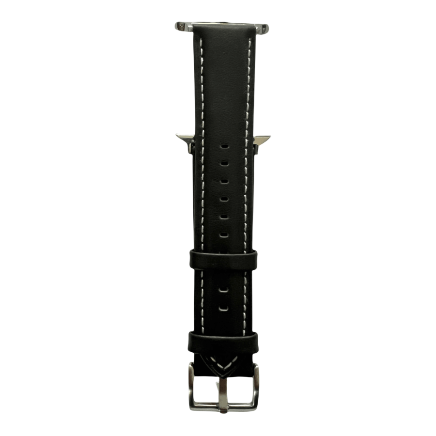 Black padded leather Apple Watch band, connector and stitching detail