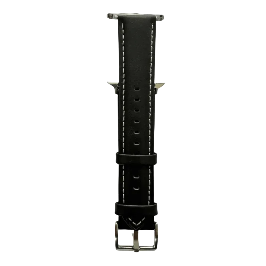 Black padded leather Apple Watch band, connector and stitching detail