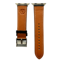 Black padded leather Apple Watch band, texture and buckle detail close-up