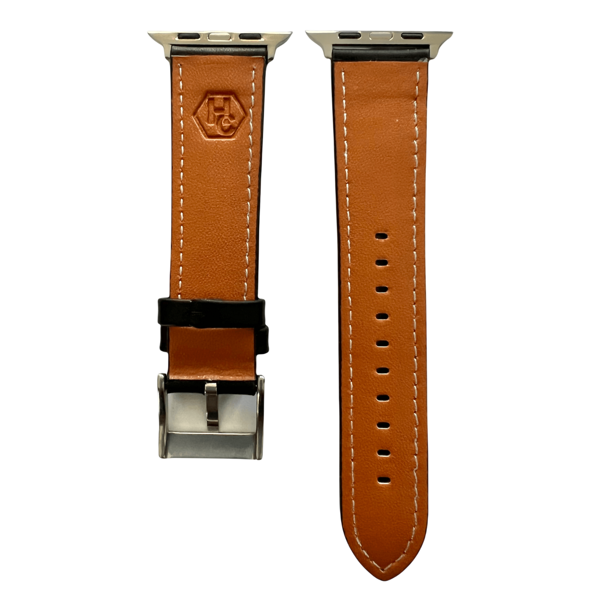 Black padded leather Apple Watch band, texture and buckle detail close-up