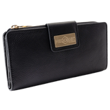 Black pebbled leather travel wallet with gold-tone Hedonist Chicago plaque on the front flap