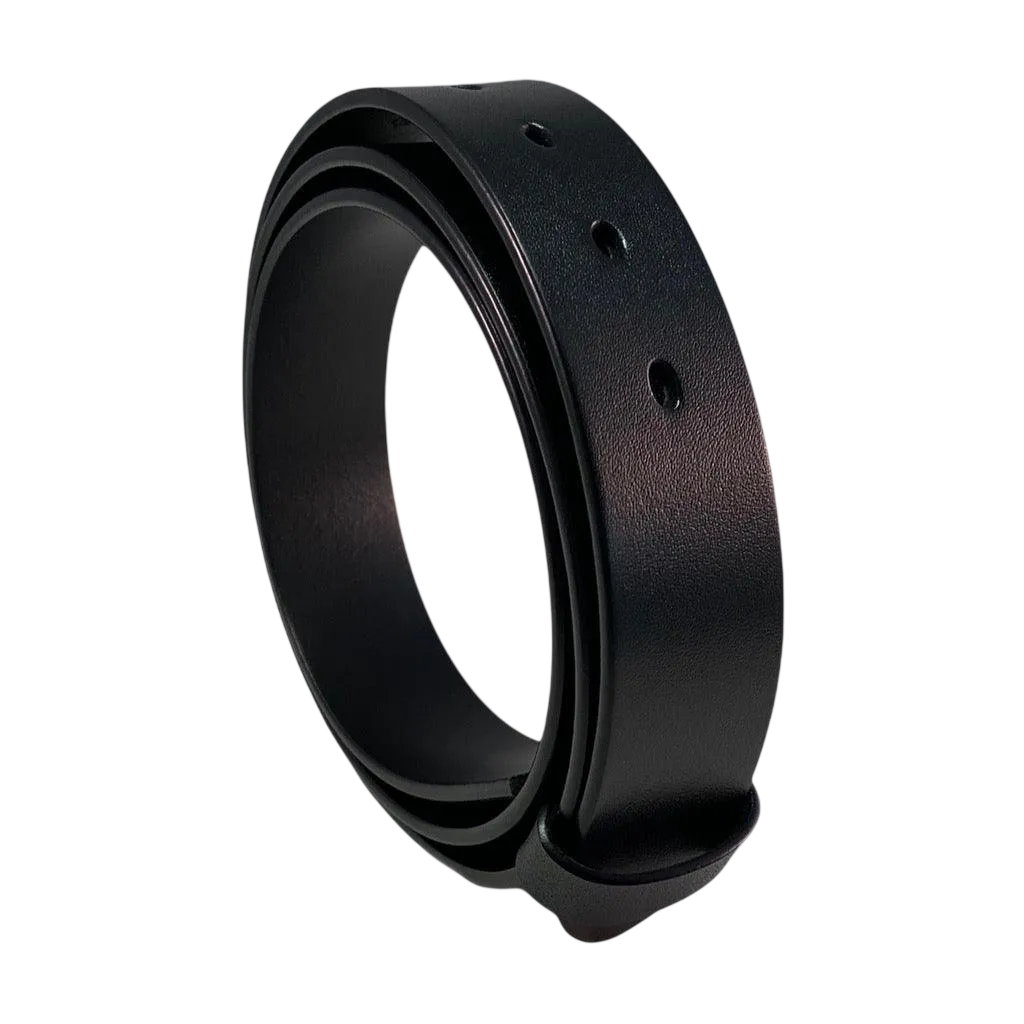 Black pin and clip leather belt strap, 1.38 inch, front view