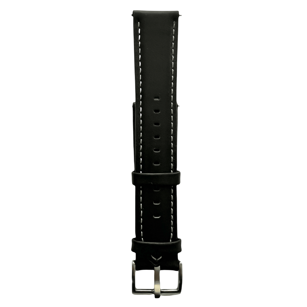 Black leather watch band with quick release bars, quick release buckle detail