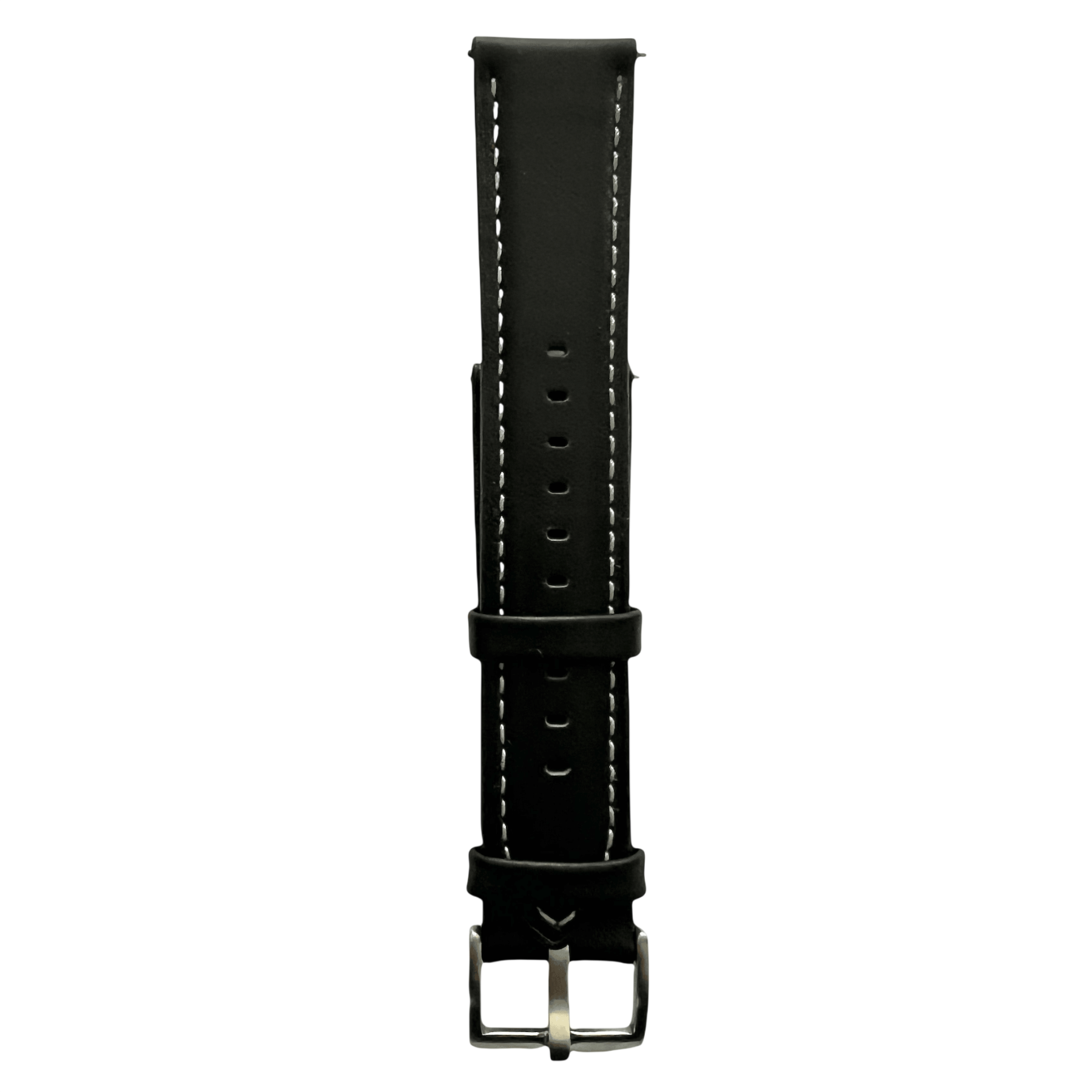 Black leather watch band with quick release bars, quick release buckle detail