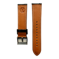 Black leather watch band with quick release bars, close-up detail