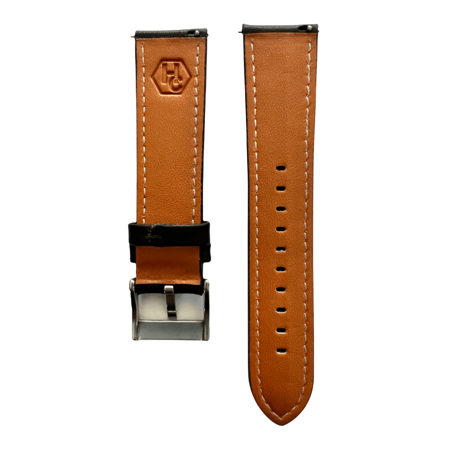 Black leather watch band with quick release bars, close-up detail