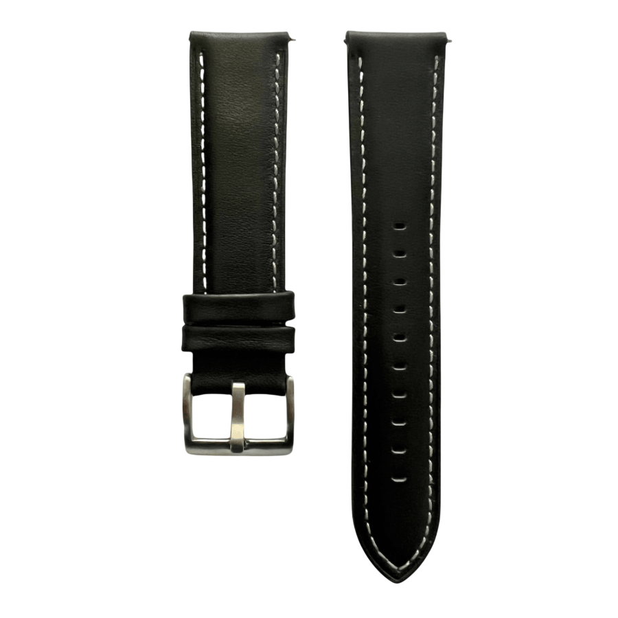 Black leather watch band with quick release bars, front view