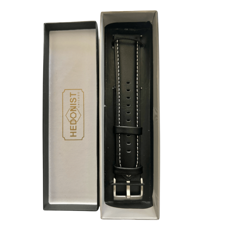 Black leather watch band with quick release bars, side view