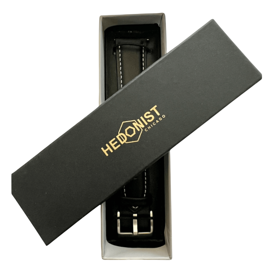 Black leather watch band with quick release bars, texture close-up