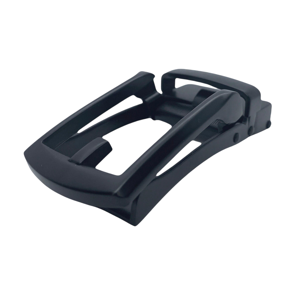 Black ratchet belt buckle, 1.15 inch, back locking mechanism view