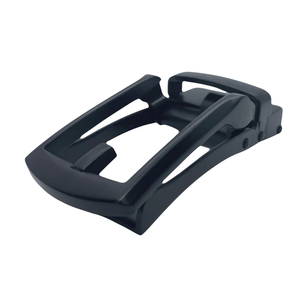 Black ratchet belt buckle, 1.15 inch, back locking mechanism view