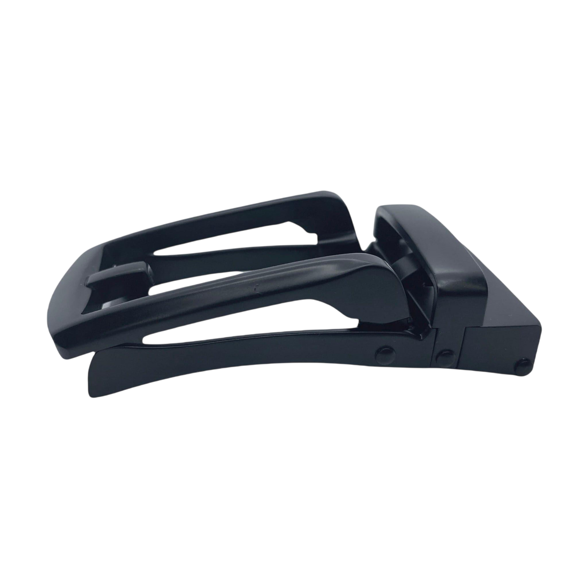 Black ratchet belt buckle, 1.15 inch, side profile view