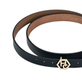 Buckle close-up on women's seamless edge leather belt - black - Hedonist Chicago (1")