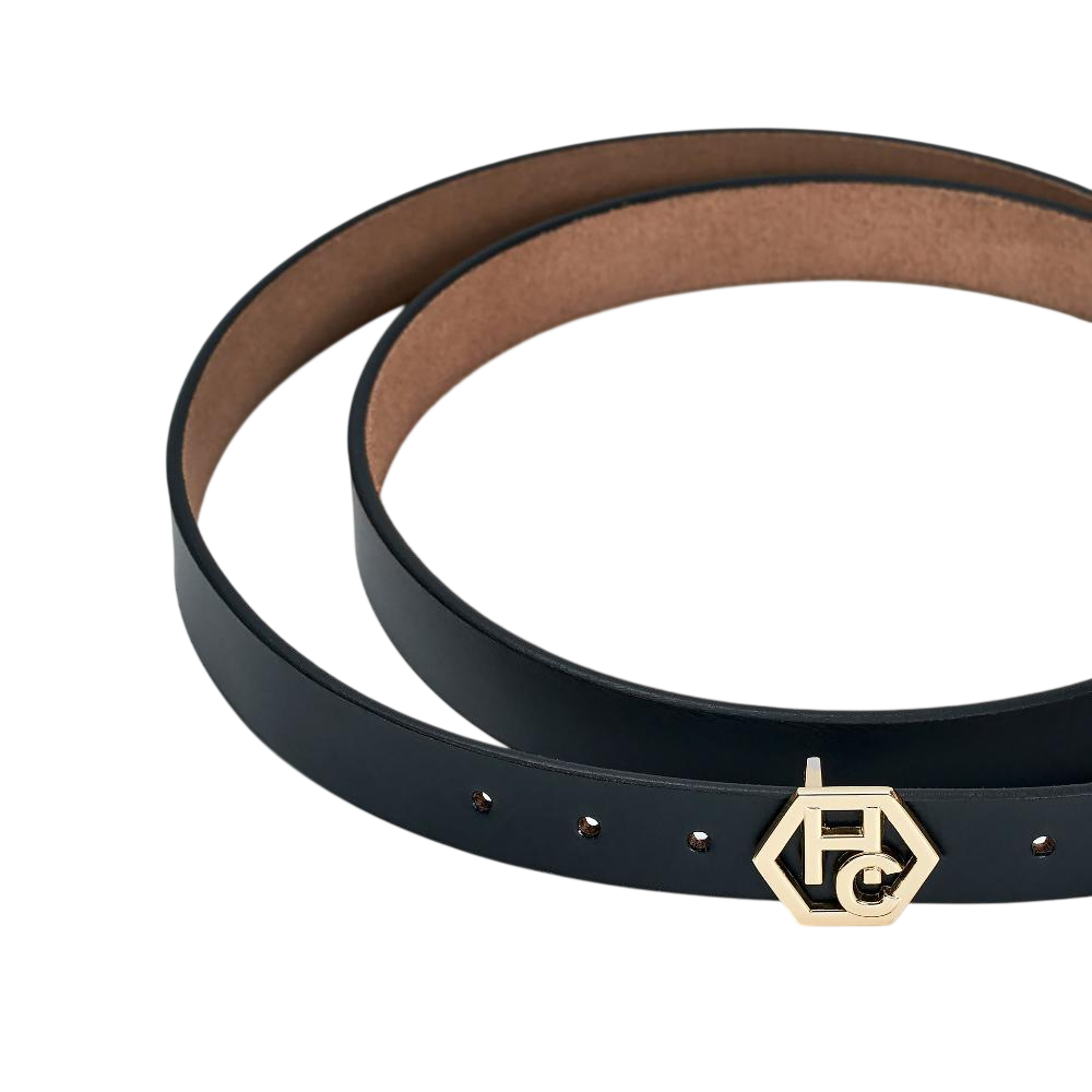 Buckle close-up on women's seamless edge leather belt - black - Hedonist Chicago (1")